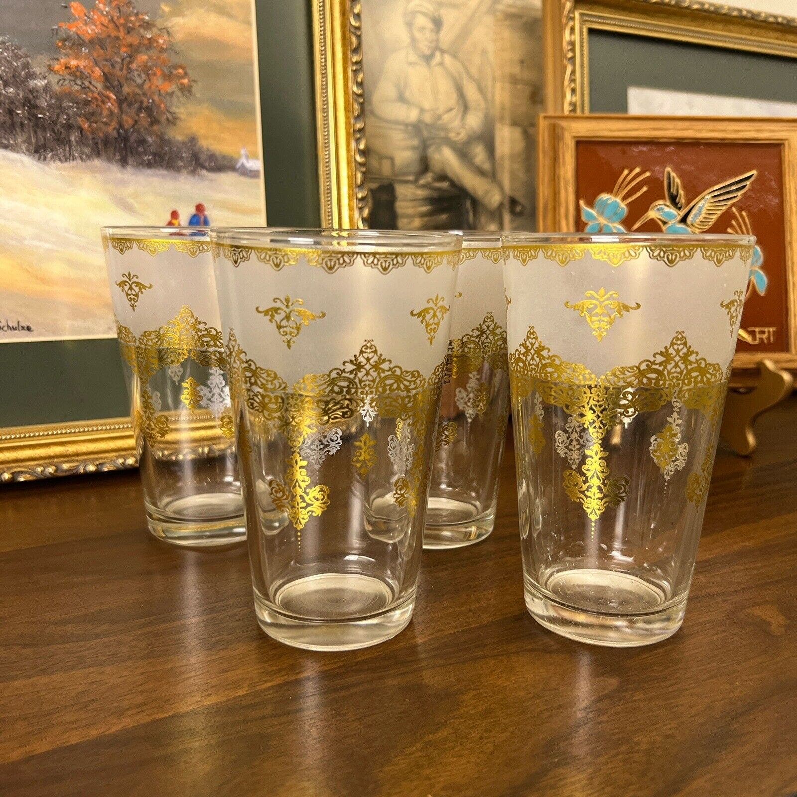 Vtg MCM 4 Frosted Gold Leaf Drinking Glasses Mid-Century