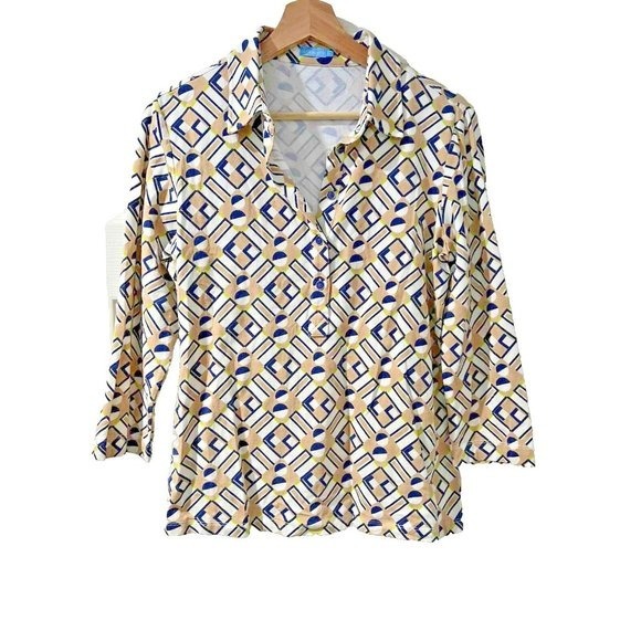 J. Mclaughlin Lauderale Popover Top Collar Geometric Medium 3/4 Sleeve Neutral
