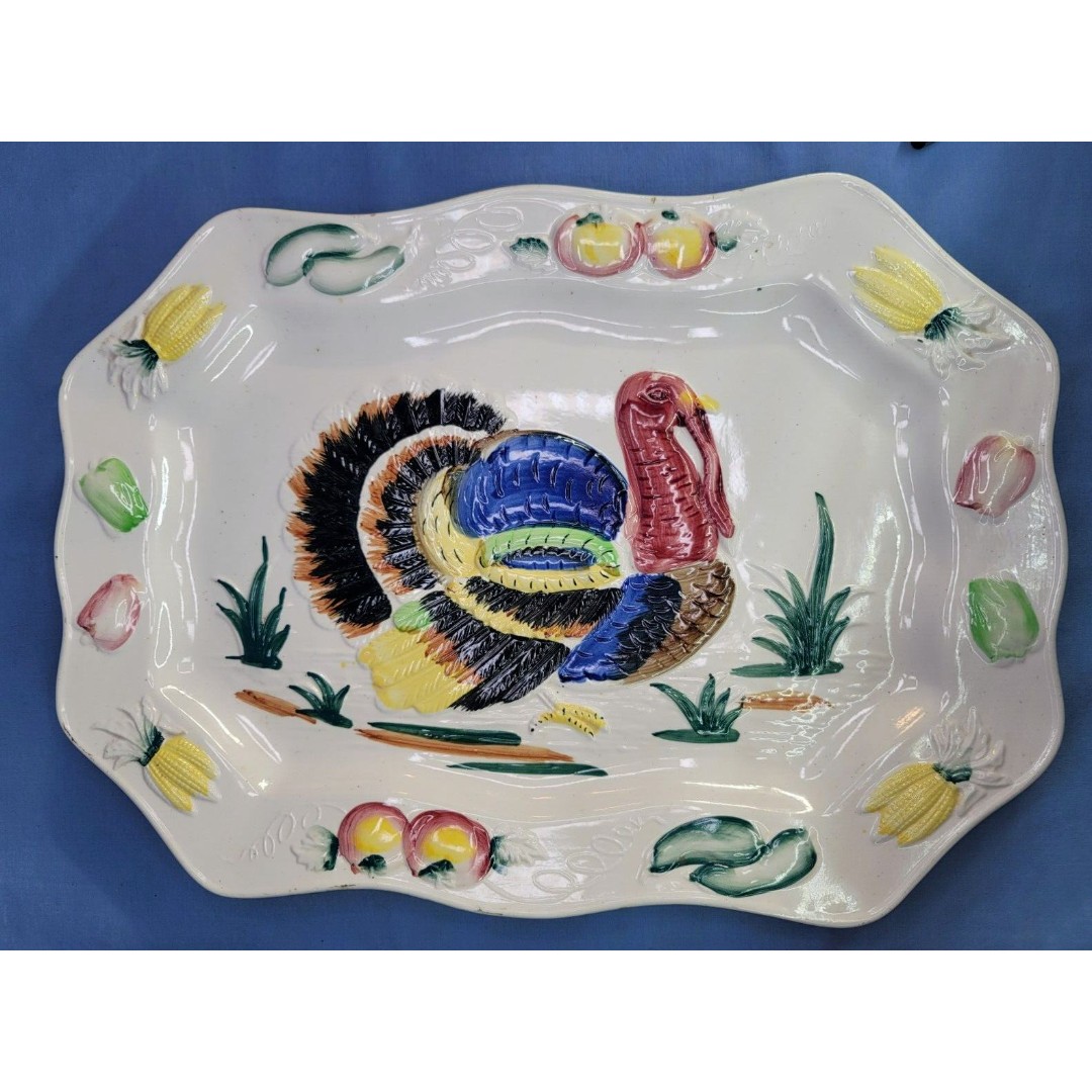 Turkey Platter 18.25'' Thanksgiving Serving Japan Hand Painted Vintage Embossed