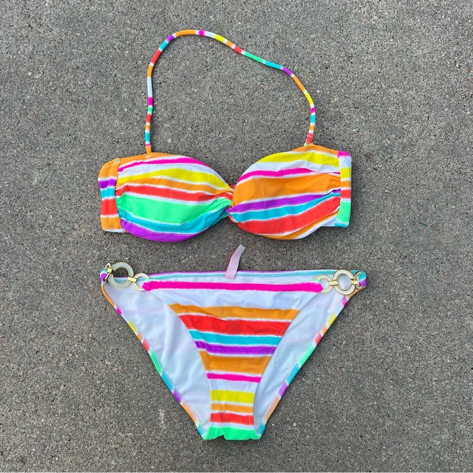 Victoria’s Secret Neon Rainbow Stripe Enamel Chain Twist Bandeau Bikini MEDIUM
