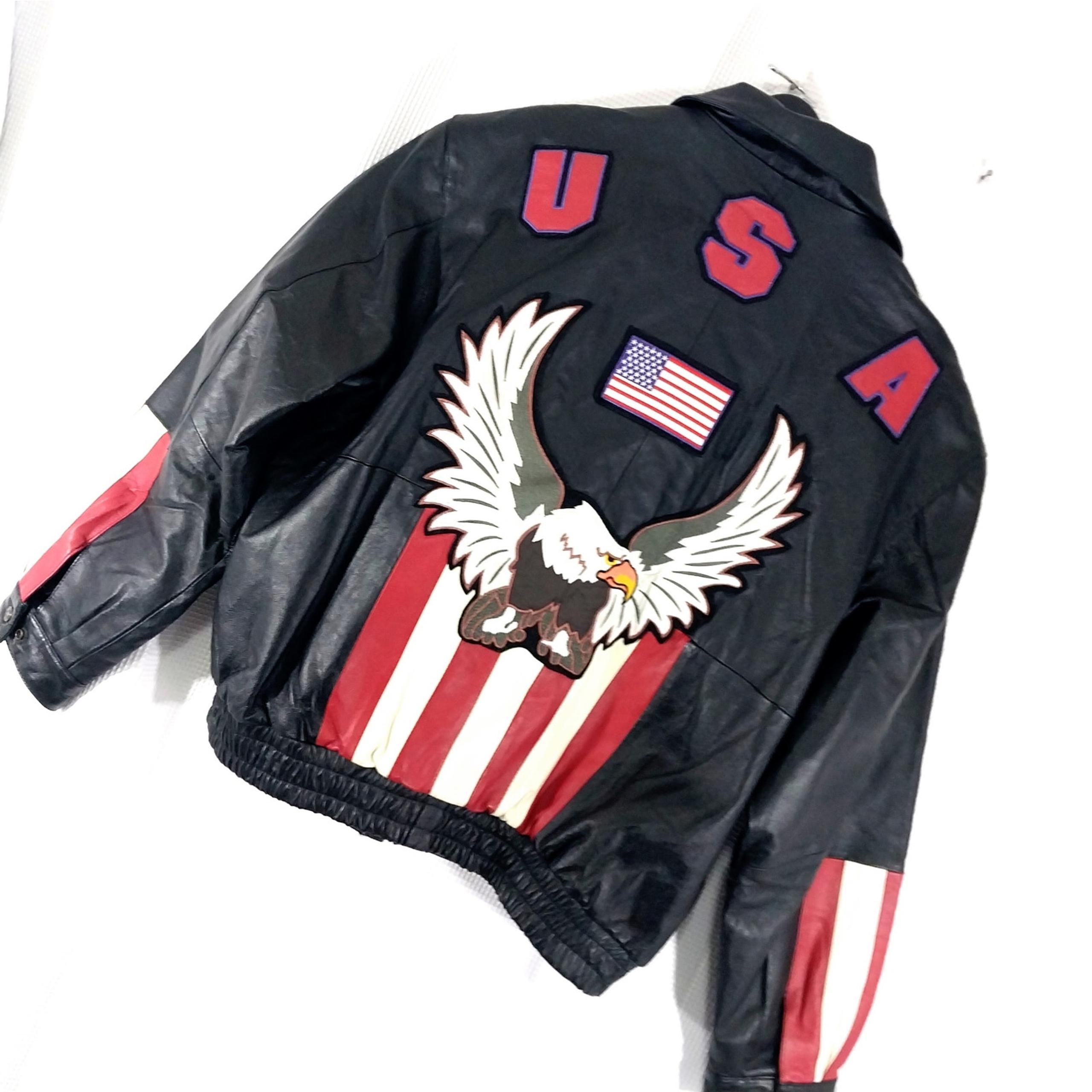 OSCAR PIEL/DIAMOND PLATE! GENUINE LEATHER AMERICAN FLAG GRAPHIC JACKET! SZ 3X