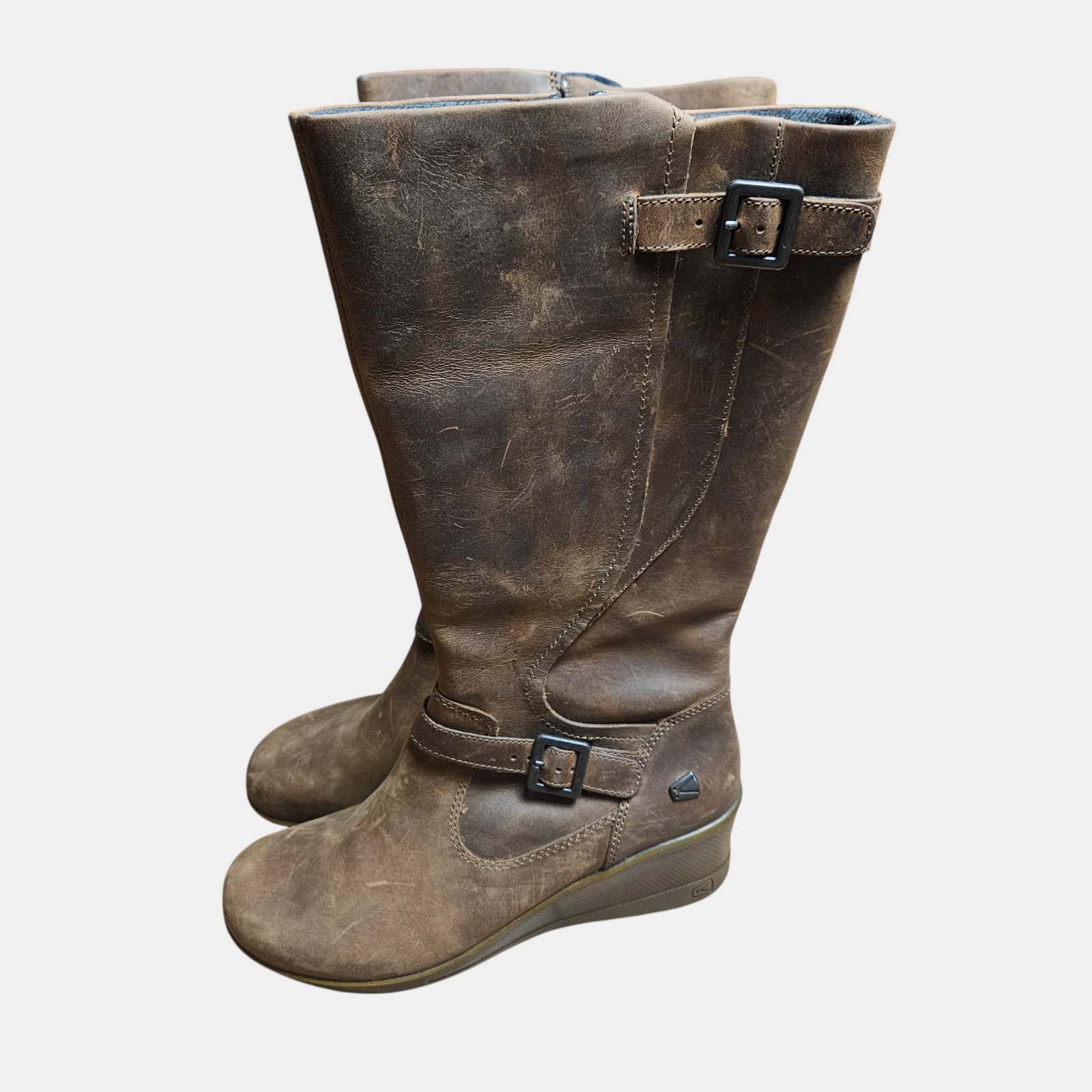 Keen Scots Tall Wedge Leather Riding Boots 10 Zip Buckles Brown Country 1013740