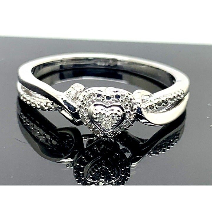 Engagement Ring Sterling Silver 0.20ctw Diamond Heart Pave Women's Size 8.75