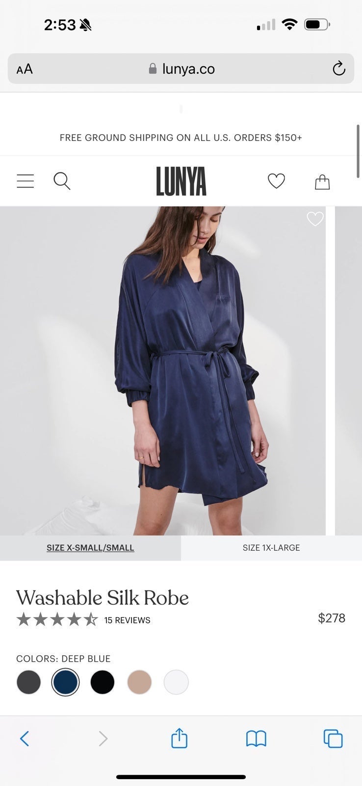 Lunya Washable Silk Robe - Deep Blue L/XL