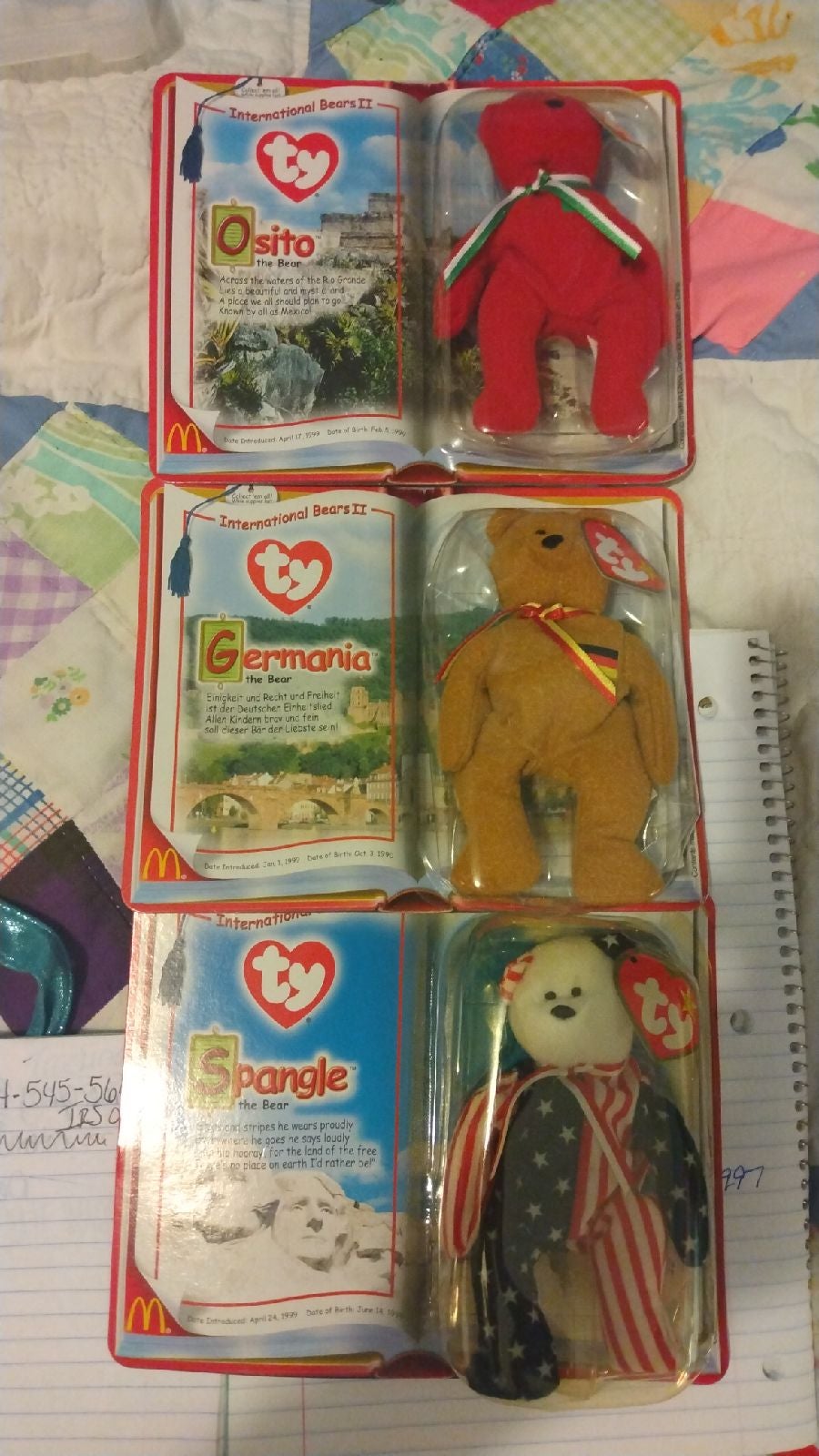 International Bears TY BEANIE BABY collection of 3 all in pack never opened