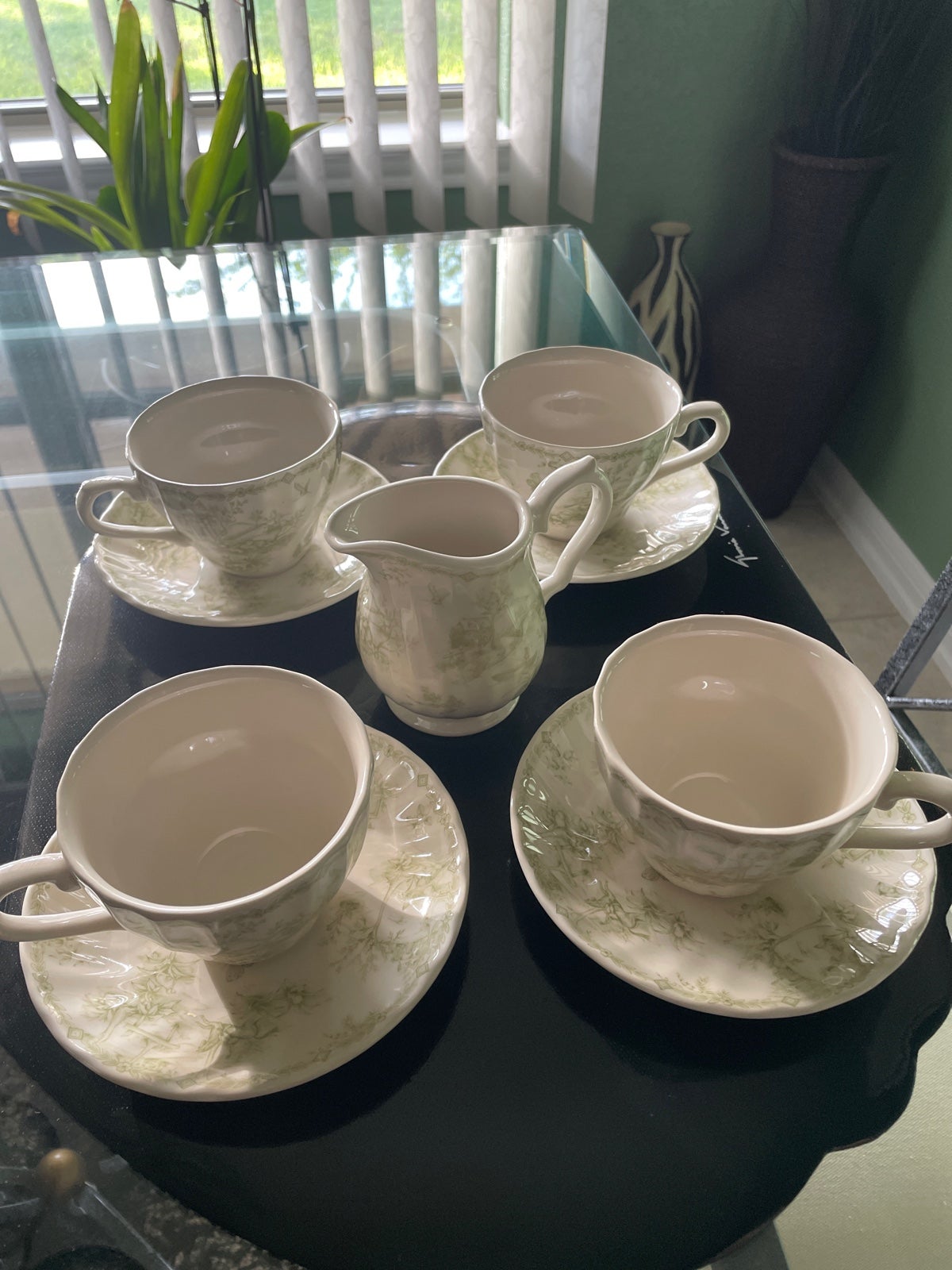 Vintage Churchill made in malaysia china 4 cups 4 saucers and creamer green