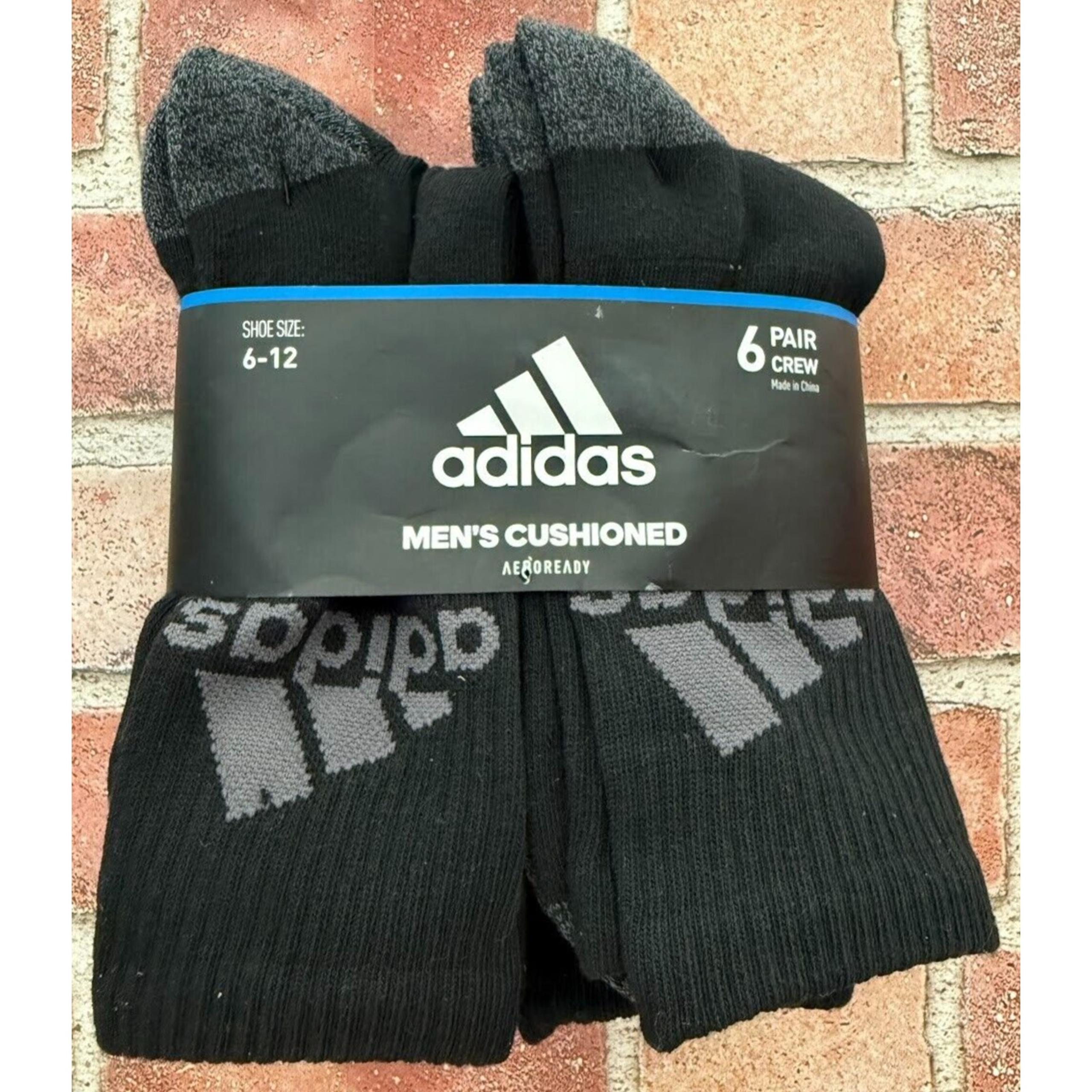 Adidas Men’s Cushioned 6 Pair Crew Socks Black/Gray Logo- Aeroready Sz 6-12