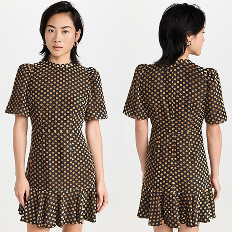 NWT Rhode Daron Puff Sleeves A-line Mini Dress Black & Gold Dot Jacquard