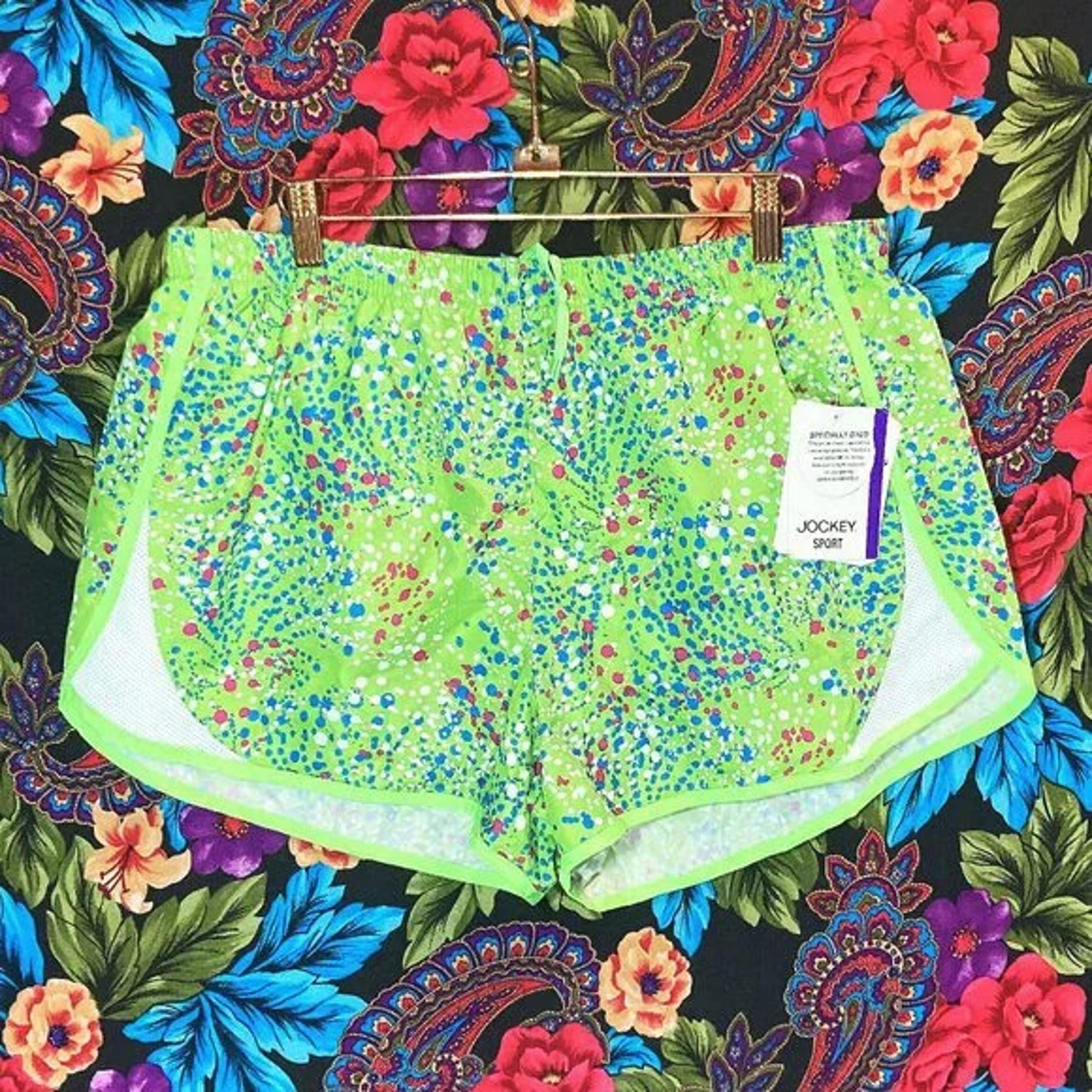 NEW WOMEN'S JOCKEY SPORT RUNNING SHORTS WOMENS SIZE XL SPLATTER RUN GREEN GECKO