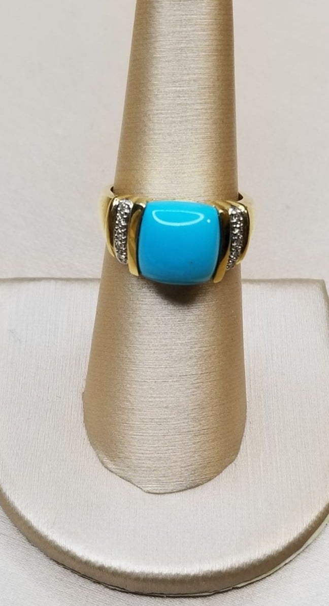 14k Yellow Gold Square Turquoise/Diamond