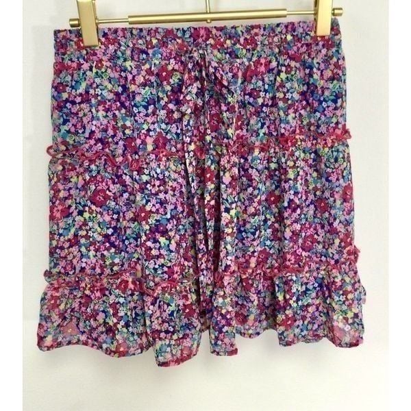 Sienna Sky Womens S Tiered Ruffle Skirt Pink Blue Floral Boho Lined Stretch NWT