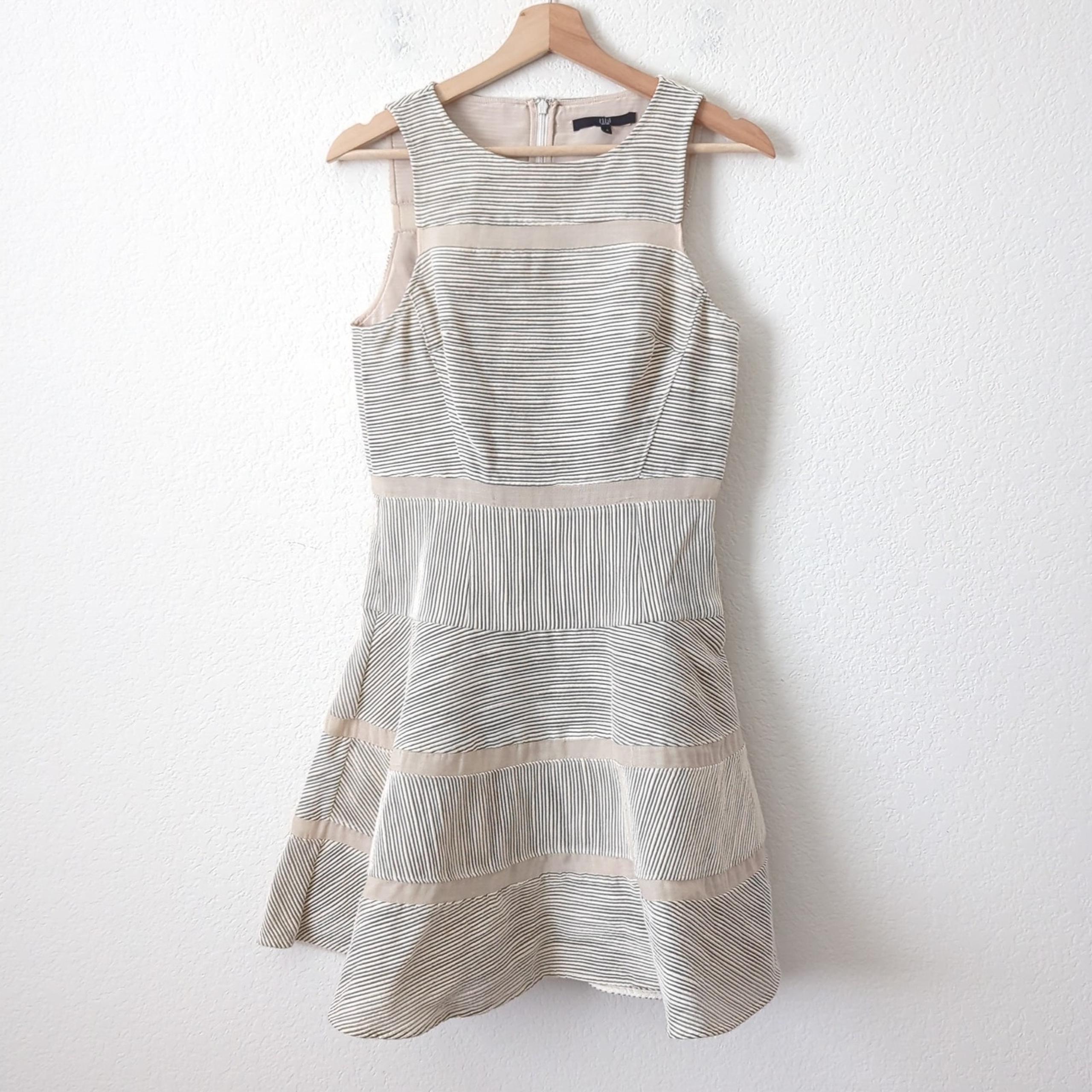 Tibi Fit Flare Dress Womens 6 Textured Gray White Sleeveless Layered High Neck