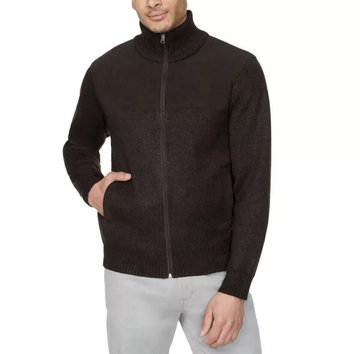 IZOD Full Zip Sweater, Fleece Plaid Lined, Brown, Men's Medium, NEW