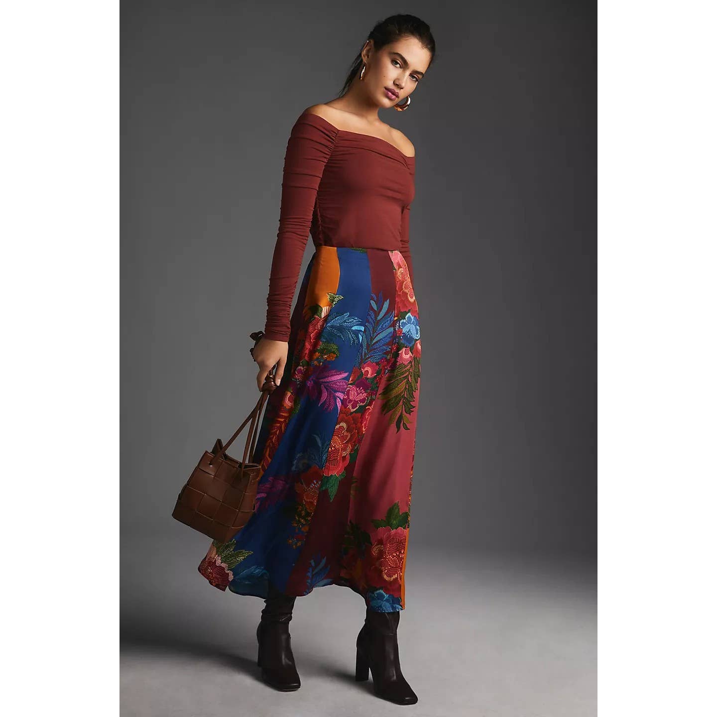 New Anthropologie Farm Rio Paneled Maxi Skirt 198 SMALL Orange Motif
