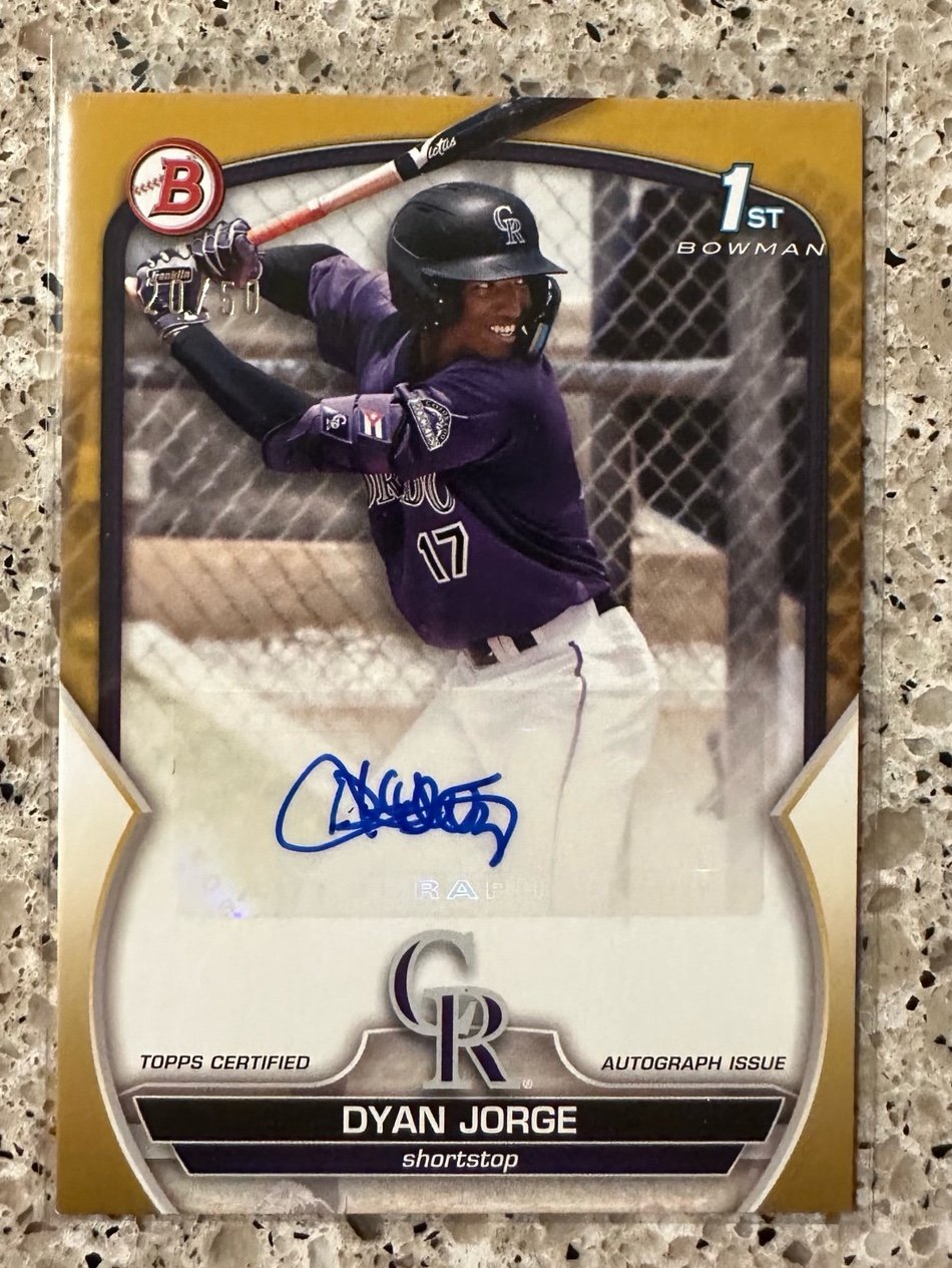 Dyan Jorge 1st Bowman Rare Gold Rookie Auto SP Rockies #1 Prospect RC 20/50