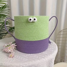 Cartoon round storage bucket, woven storage basket with lid