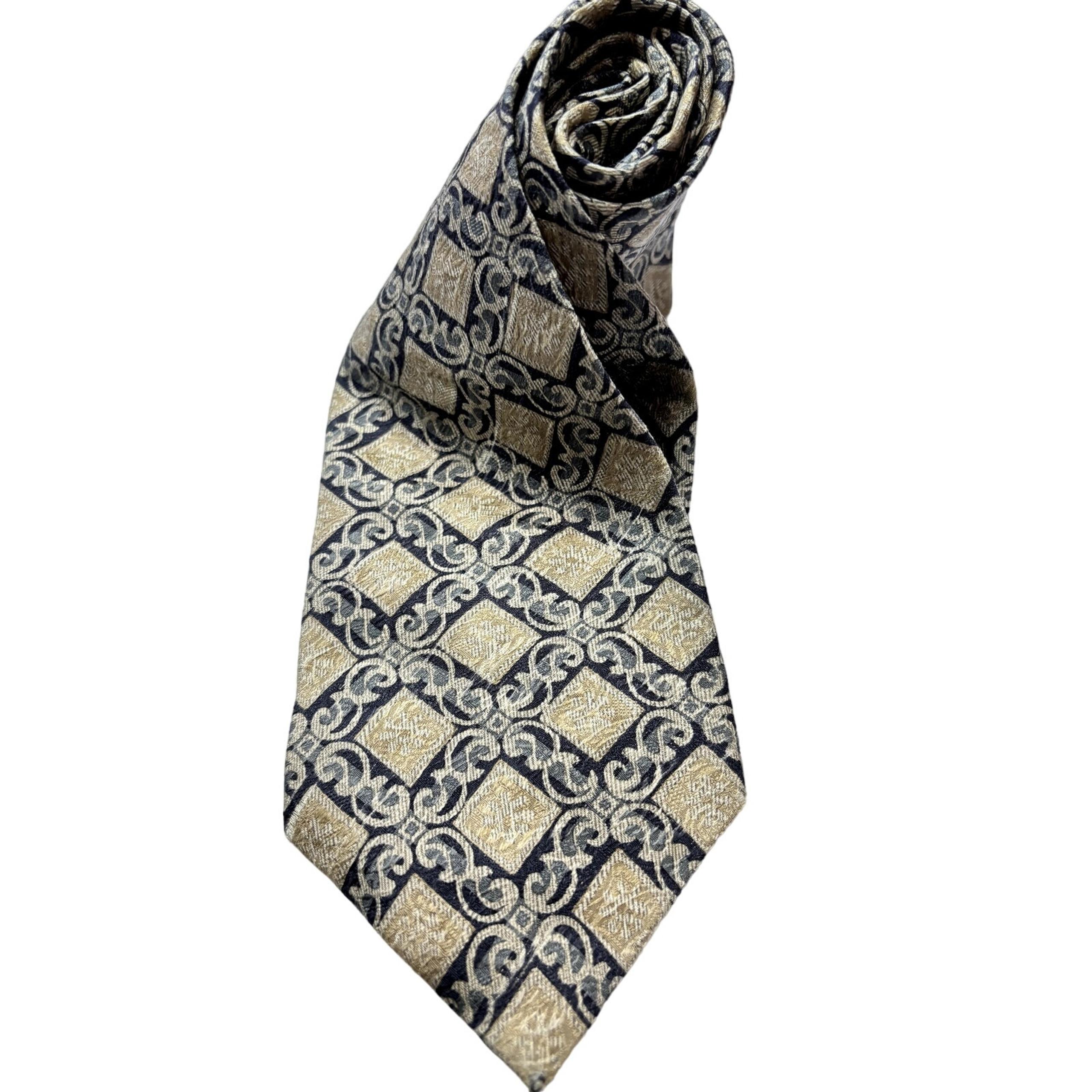 CLAIBORNE Men's 100% Silk Tan & Blue Pattern Neck Tie