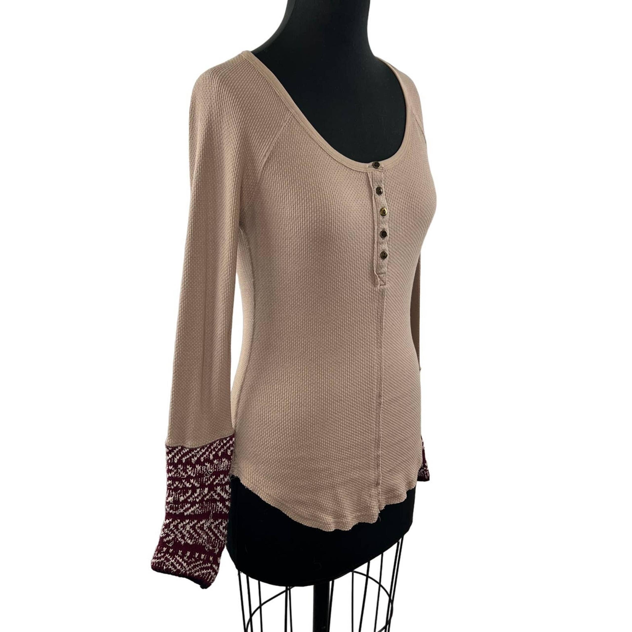 FREE PEOPLE Beige Henley Sweater Cotton Rib Scoop Neck Long Sleeve Pullover L