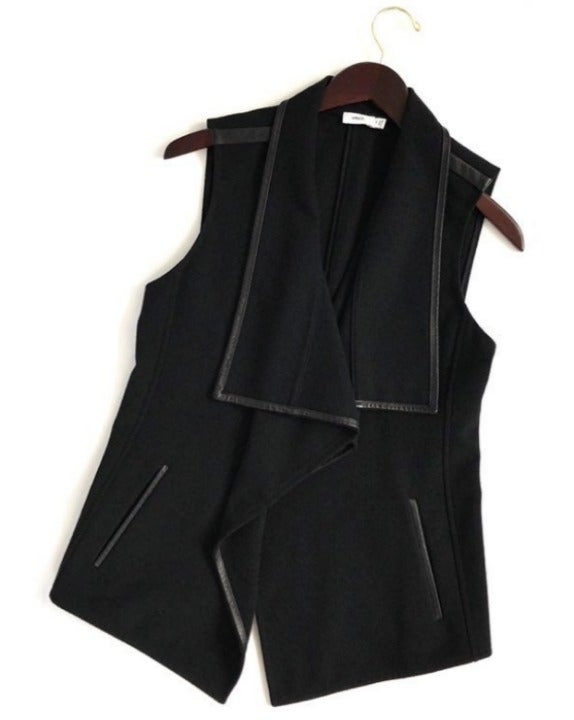 VINCE. Women’s Drape-Collar Vest in Black Wool Mix with Leather Trim (M)