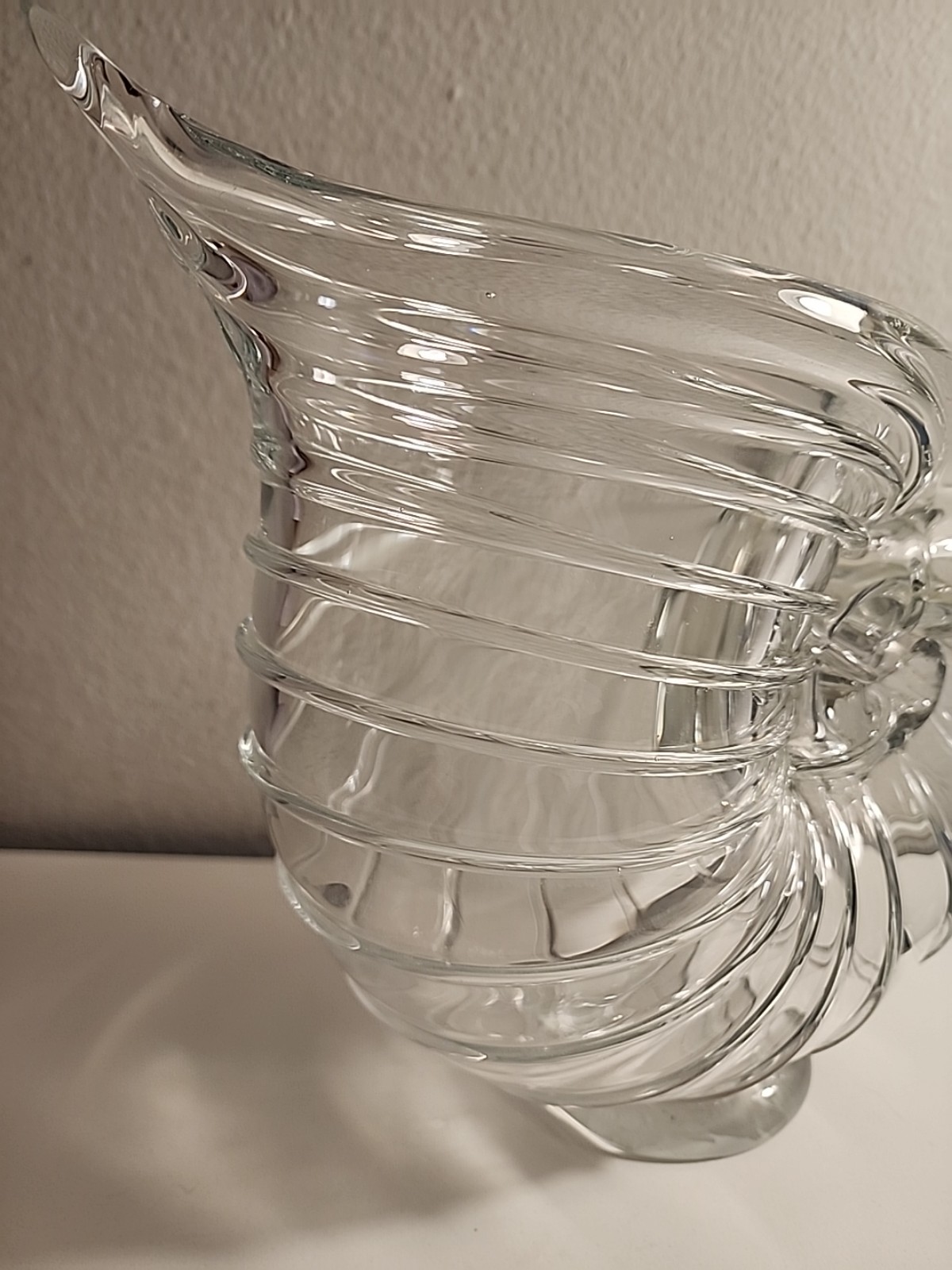 Handblown Clear Crystal Conch Shell Vase Spiral Design, approx 10 Inches tall.