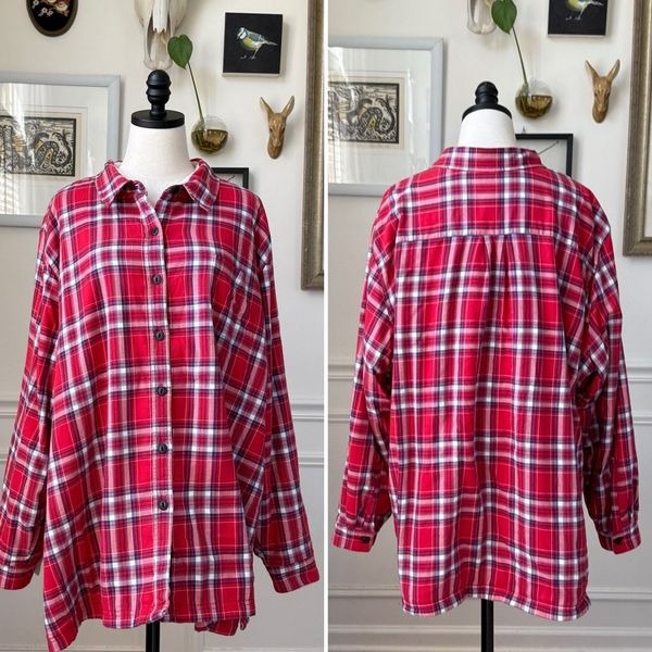 L.L. Bean Women's Fleece-Lined Flannel Shirt Button Up Red Blue Plaid 90 3X