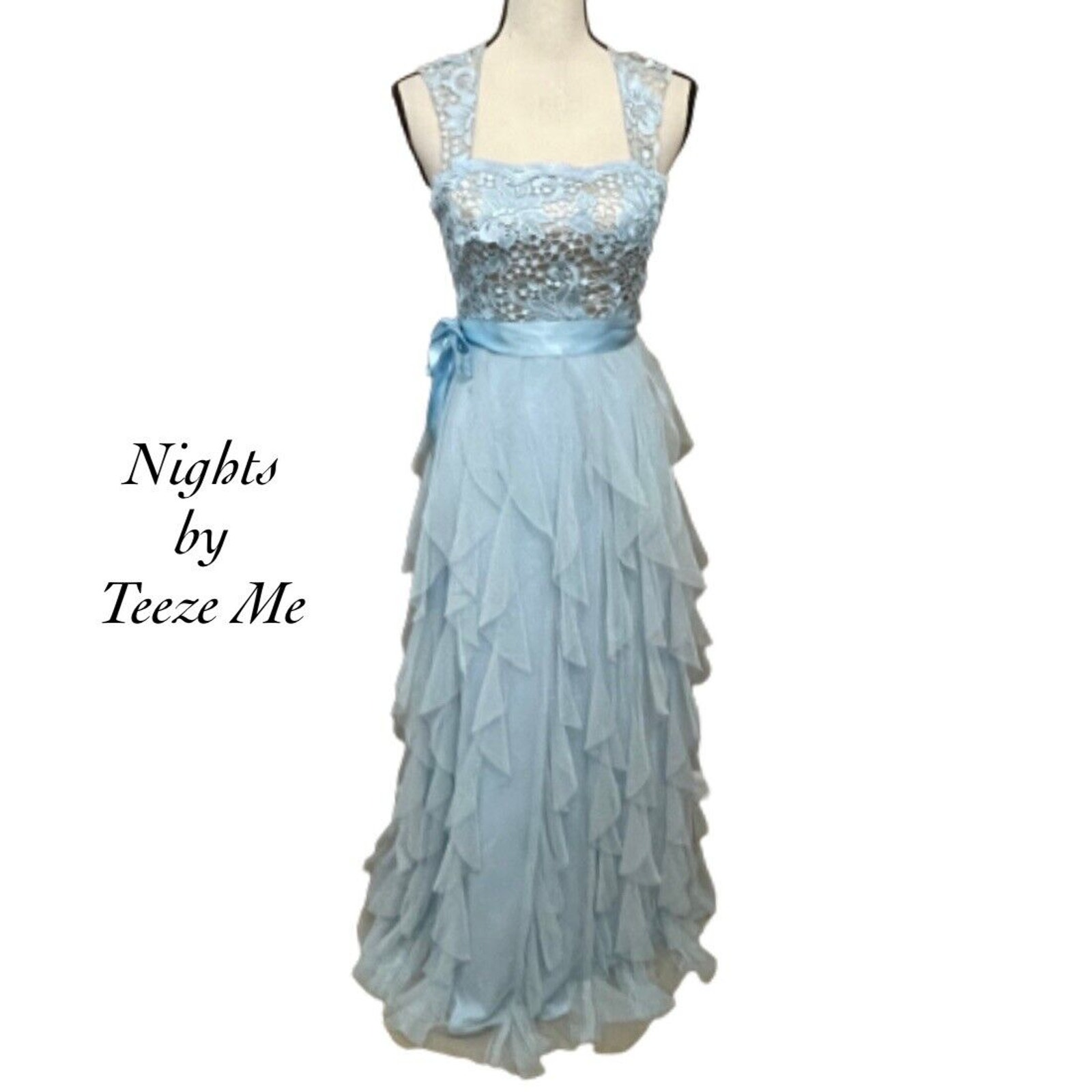 Nights By Teeze Me Blue Lace Overlay Keyhole Ruffle Full Length Dress Size 3