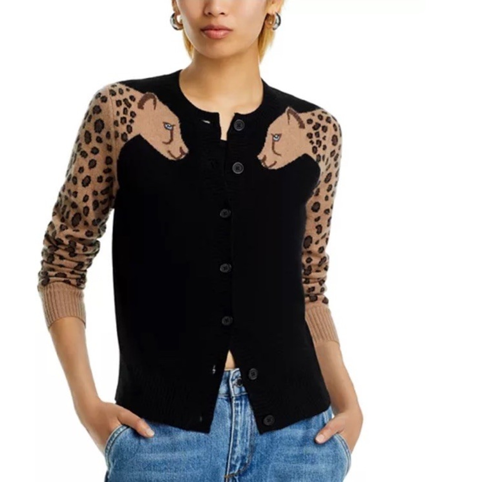 Aqua Cashmere 100% Luxurious Cheetah Sleeves Cardigan Exclusive Size Small