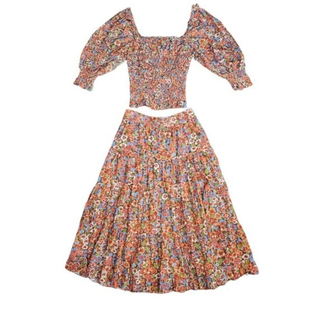 HOUSE OF HARLOW 1960 Charisma Puff Sleeve Floral Smocked Top/Skirt Set