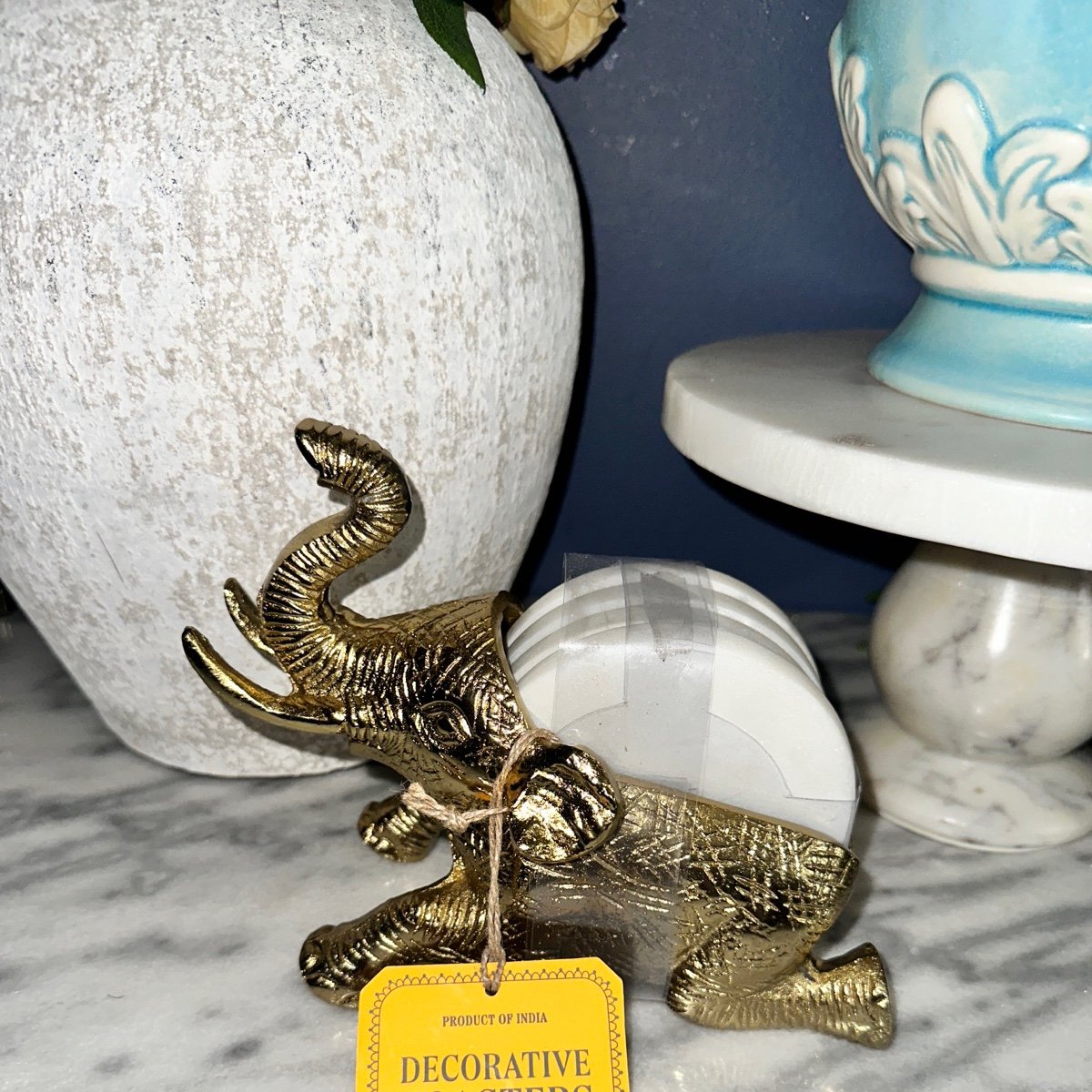 Decorative brass metal elephant marble coaster set of 4