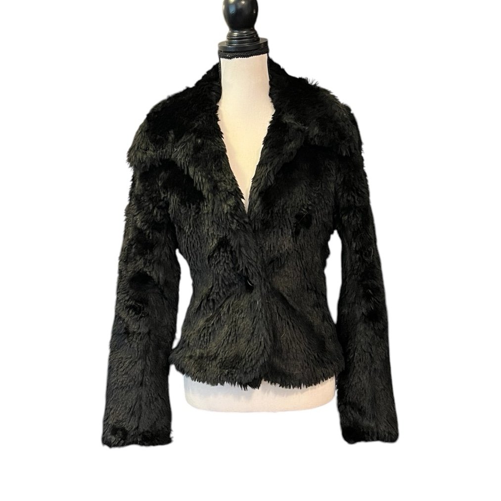 Vintage Betsey Johnson New York Black Faux Fur Goth Witchy Vamp Coat Jacket