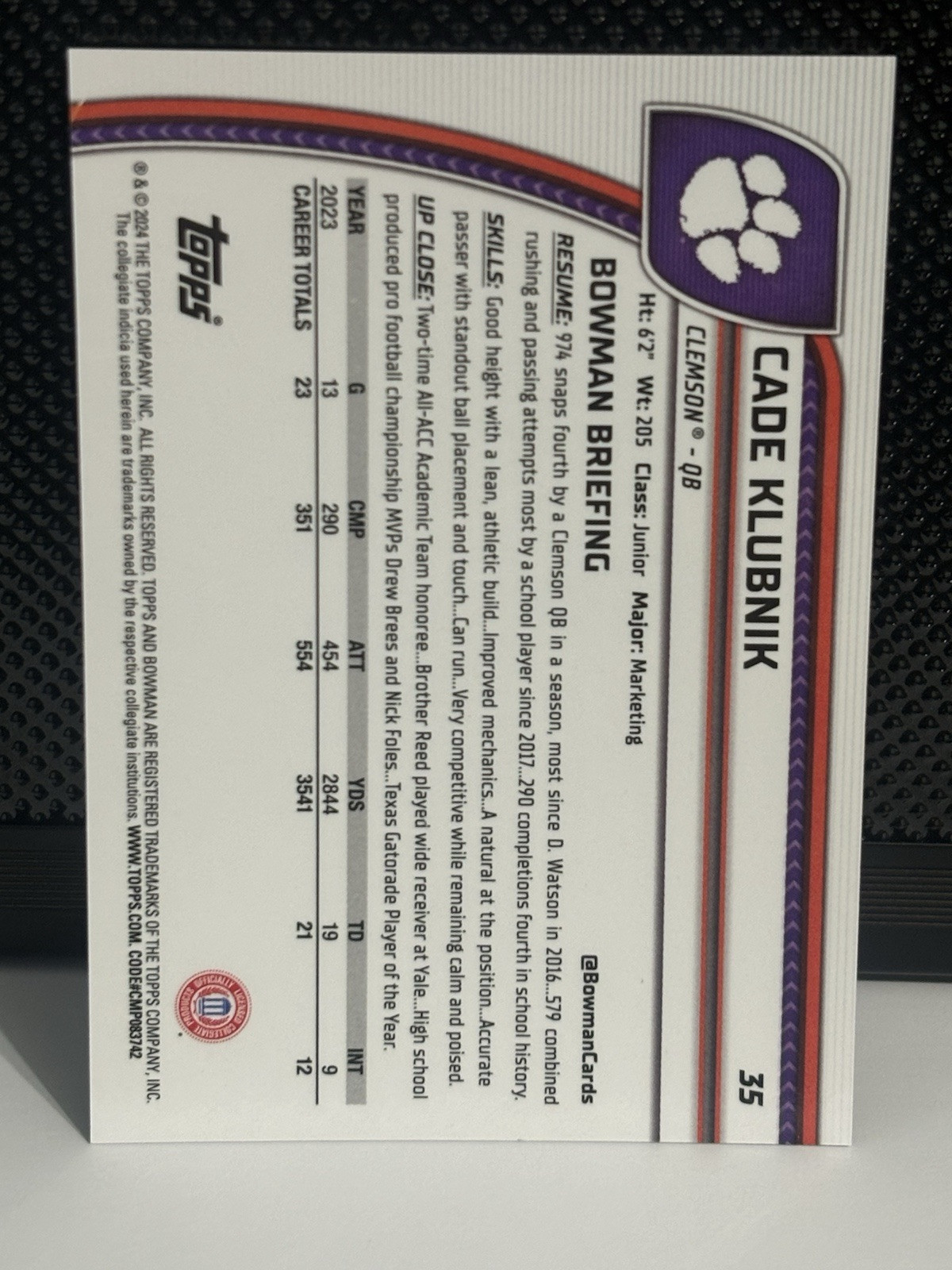 Cade Klubnik 2024 Bowman Chrome University #35 Black Refractor /10 Clemson