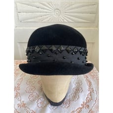 Vintage 1940s Black Felt Bowler Hat With Studded Ribbon Band