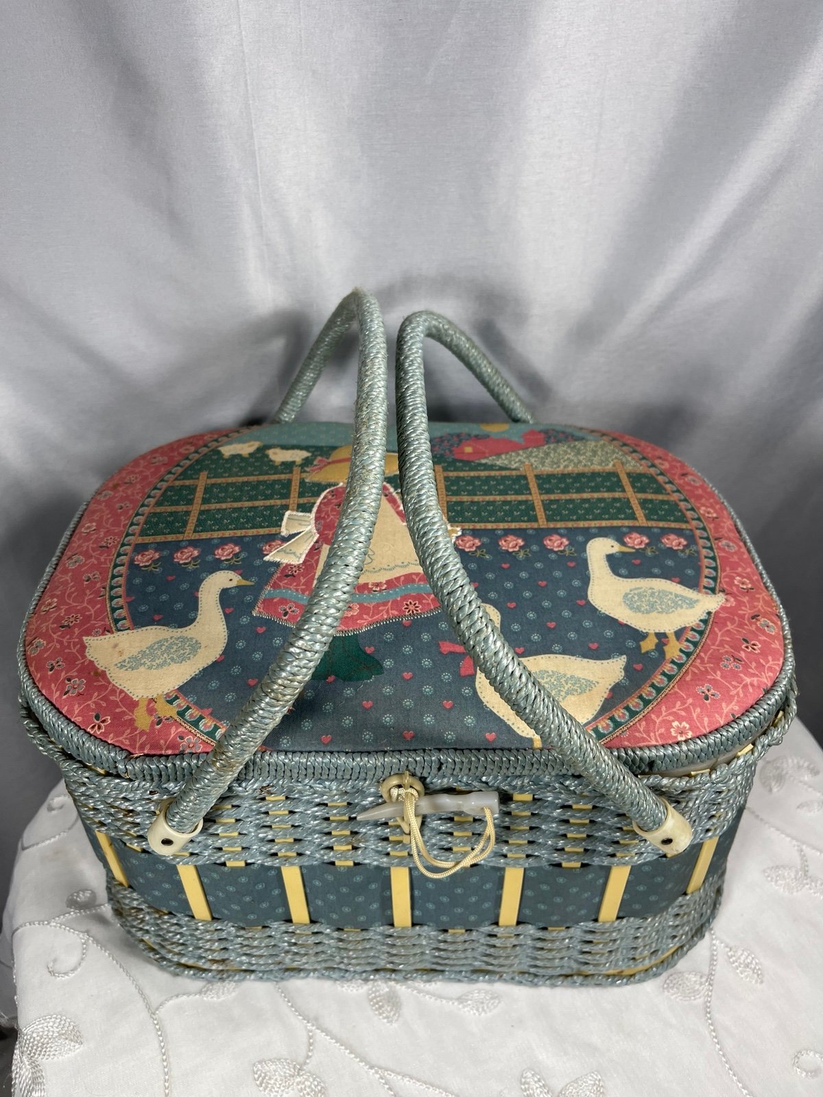 Vintage Azar Primitive Girl Duck Wicker Sewing Storage Basket Blue Satin Lining