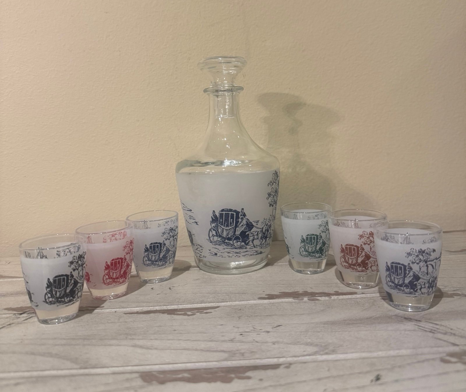 MCM French Toile Decanter & 6 Shot Glasses