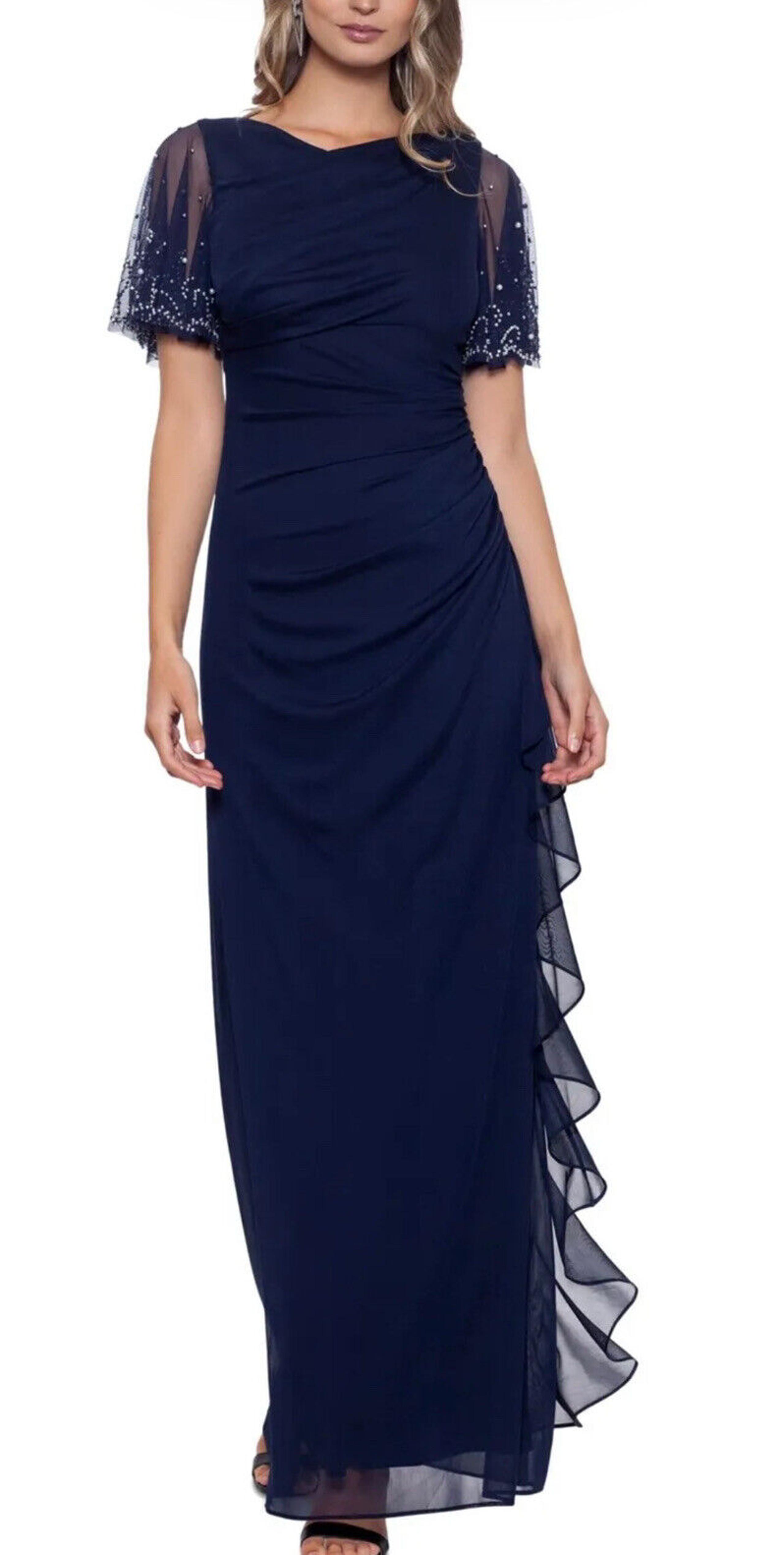 Women’s Formal Dress 14 BETSY & ADAM Navy Cascading Ruffle Flutter Short Sleev