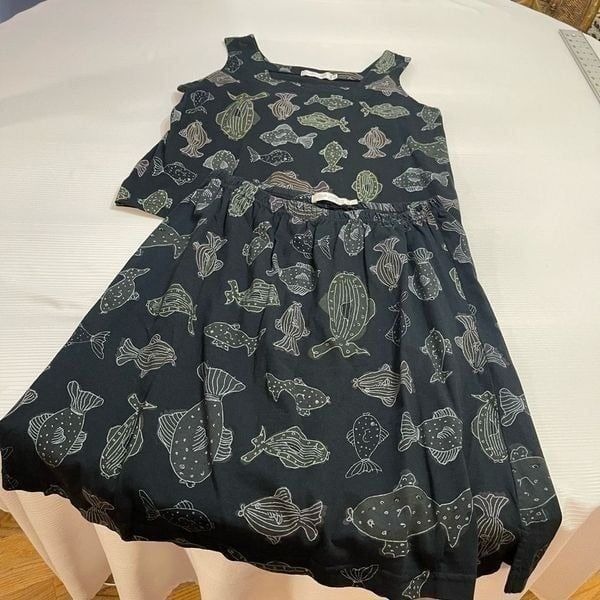 Fresh Produce VTG Fish Black Skirt 2 Pc Set Size Medium Top Large Skirt