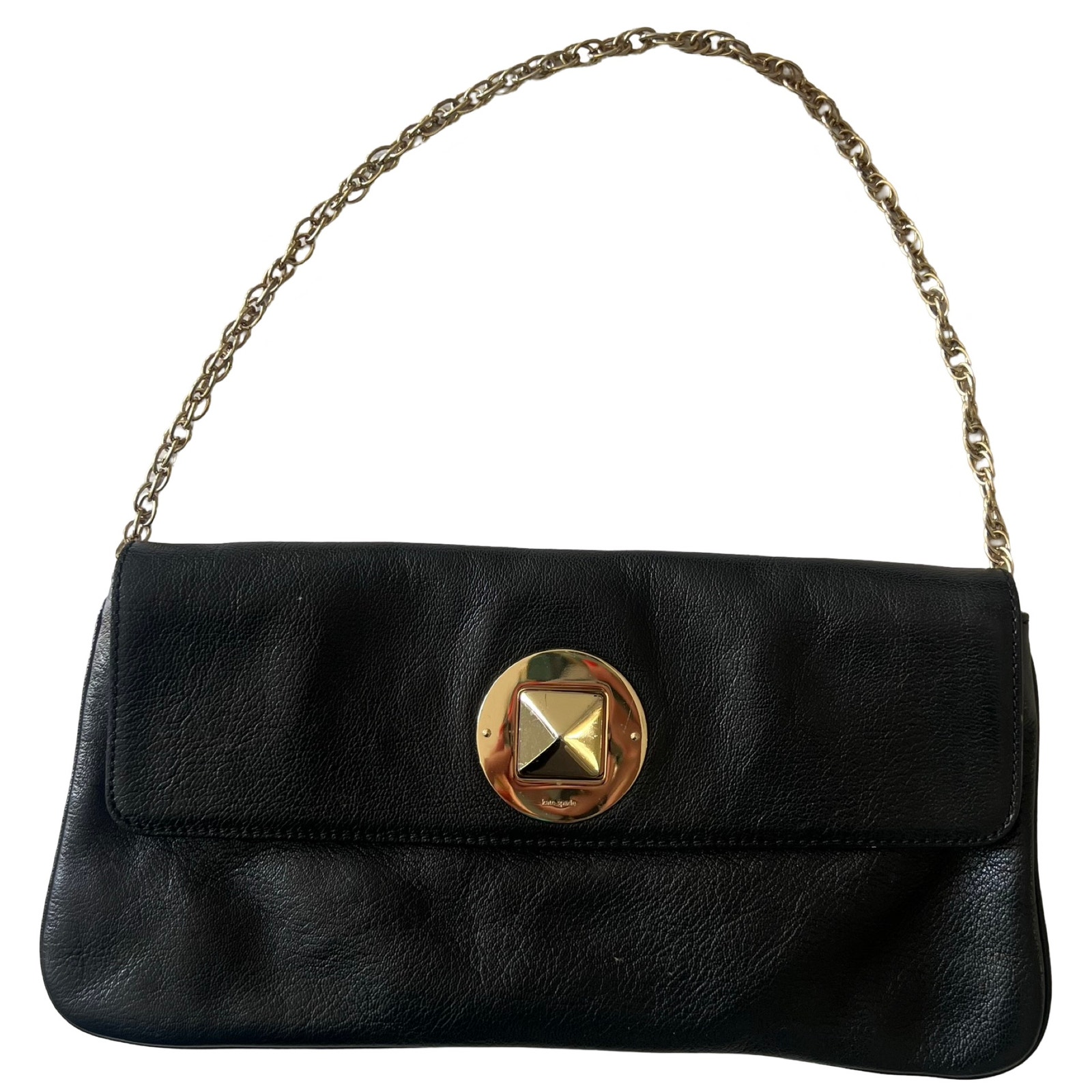 Kate Spade Black Small Shoulder Bag Purse Gold Pyramid Turn Lock Chain Strap
