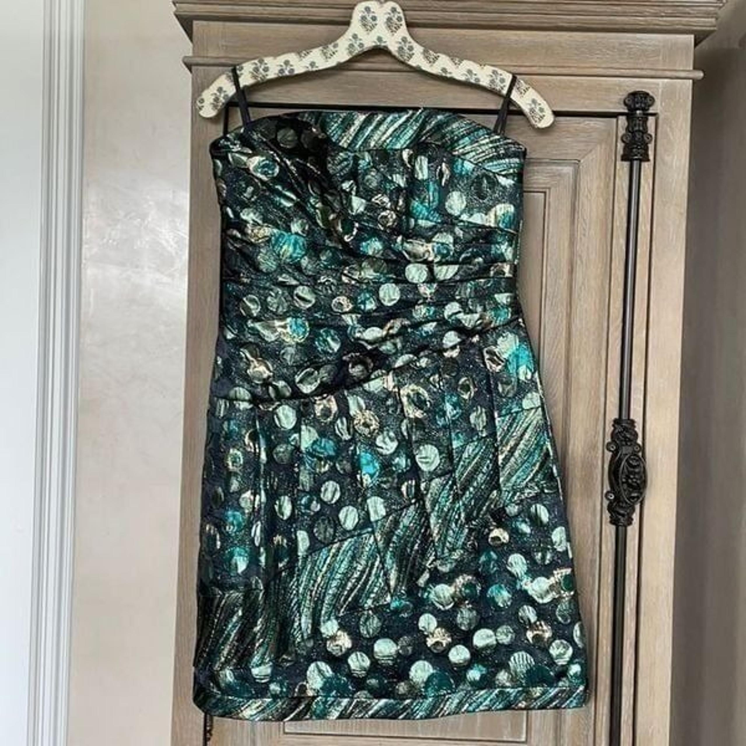 Phoebe Couture metallic teal gold strapless sweetheart mini cocktail dress 6