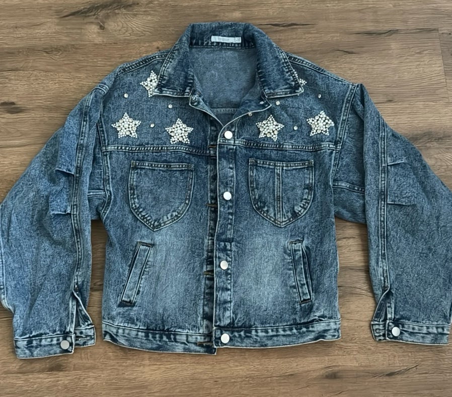 Veveret Denim Jean Rhinestone & Pearl Jacket