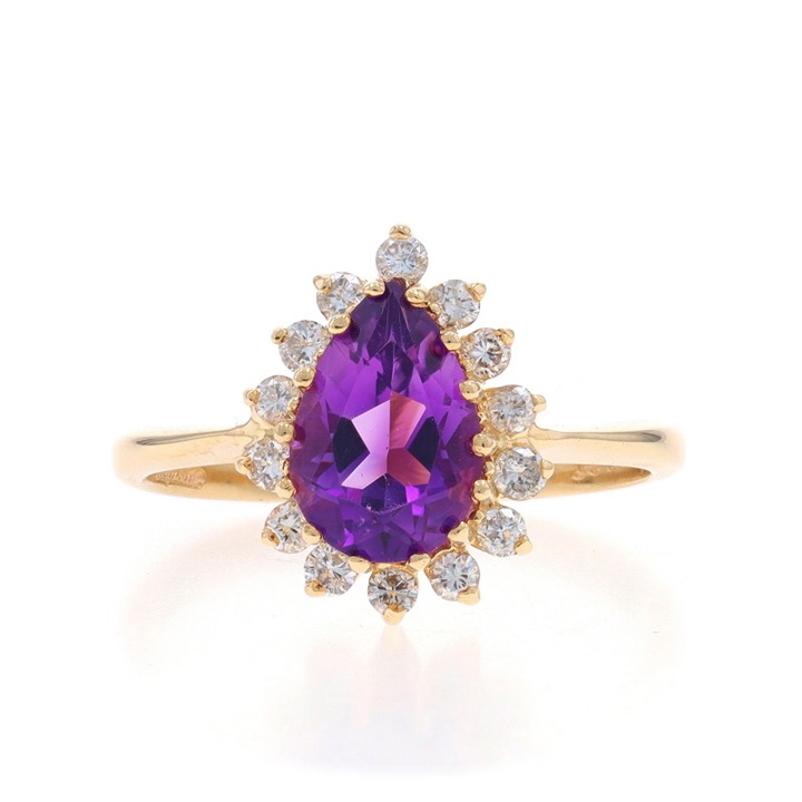 Yellow Gold Amethyst Diamond Halo Ring - 14k Pear 1.38ctw LX0003