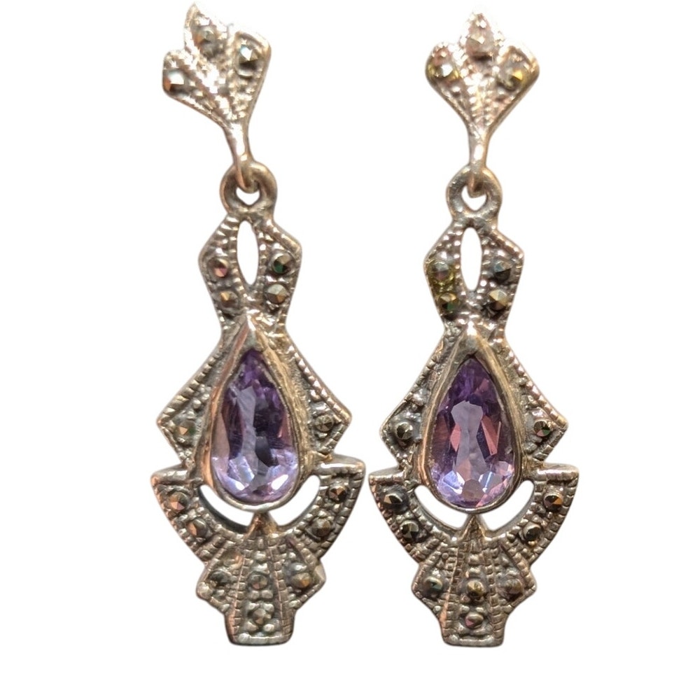Vtg 80s Art Deco Sterling Silver Teardrop Amethyst Marcasite Post Drop Earrings