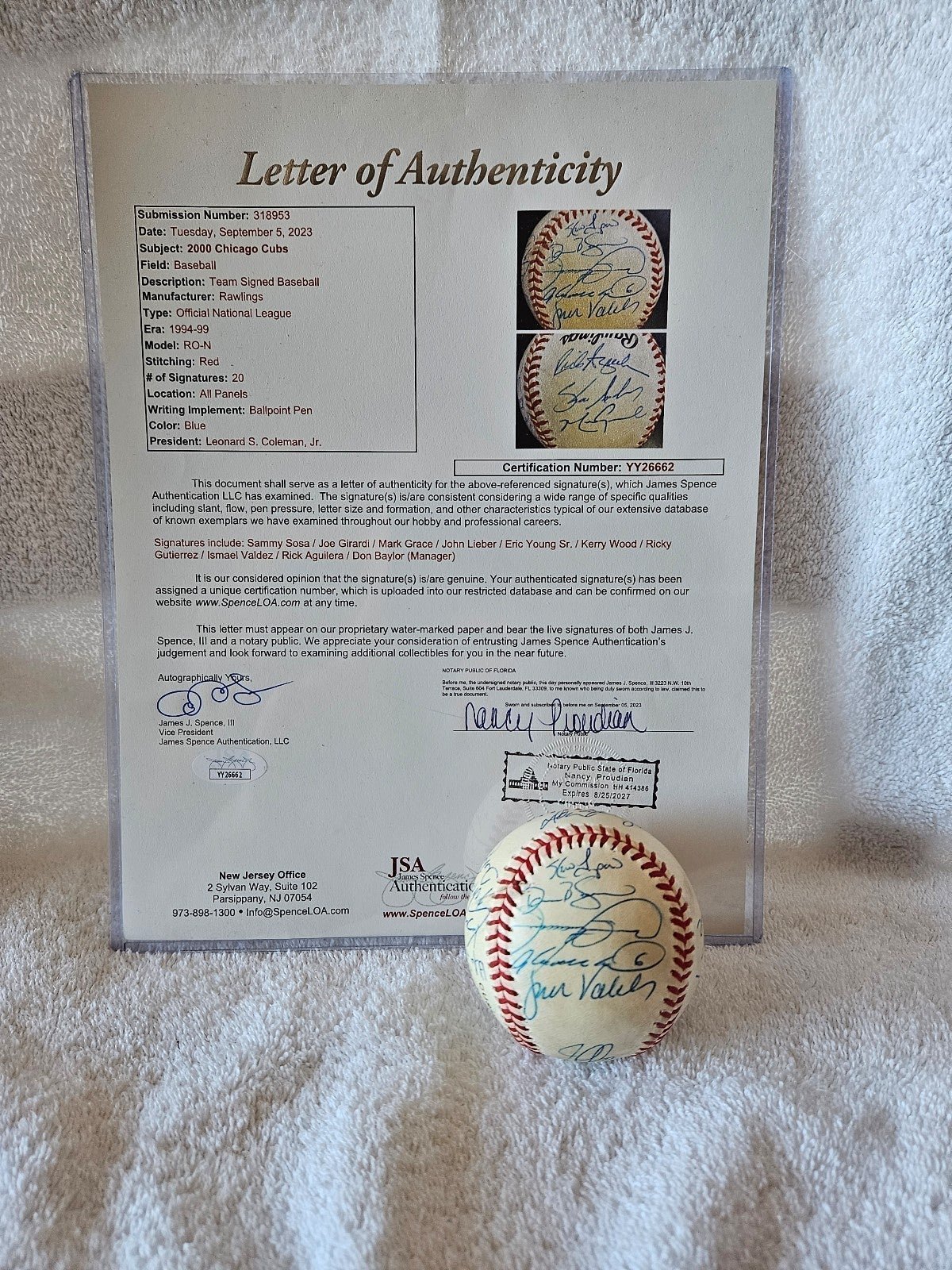 2000 Chicago Cubs Team Signed Baseball Sammy Sosa, Joe Girardi, 20 Sig JSA COA