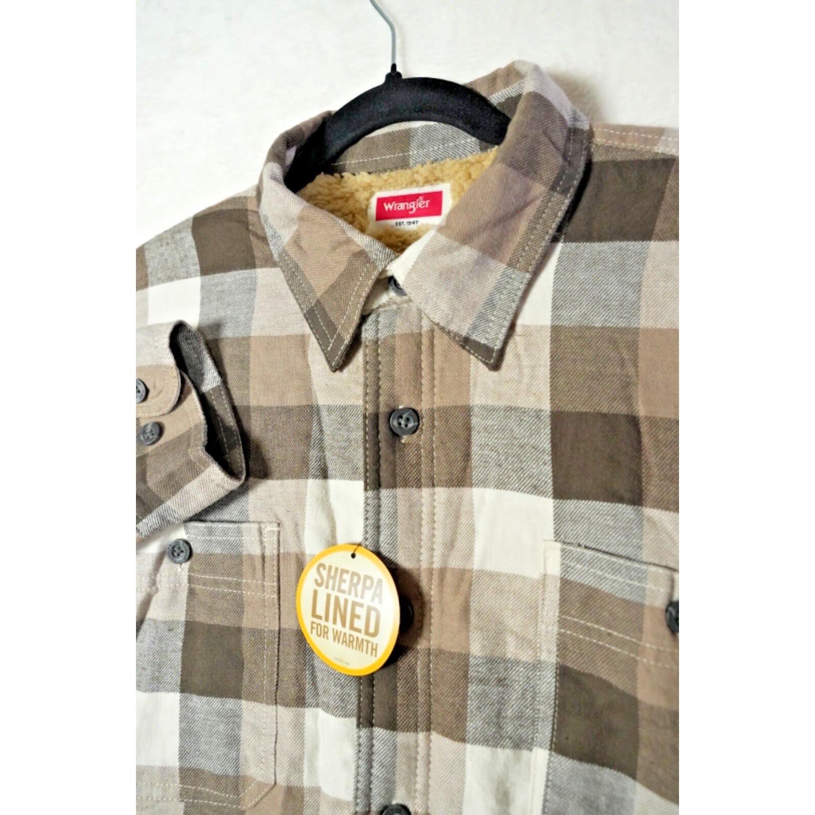 NWT Wrangler Jacket Men's L Brown Flannel Shirt Sherpa Lined Shacket Lumberjack