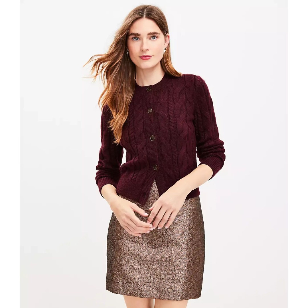 Burgundy Wine LOFT Cable Knit Button Front Round Neck Cardigan Sweater (NWT)