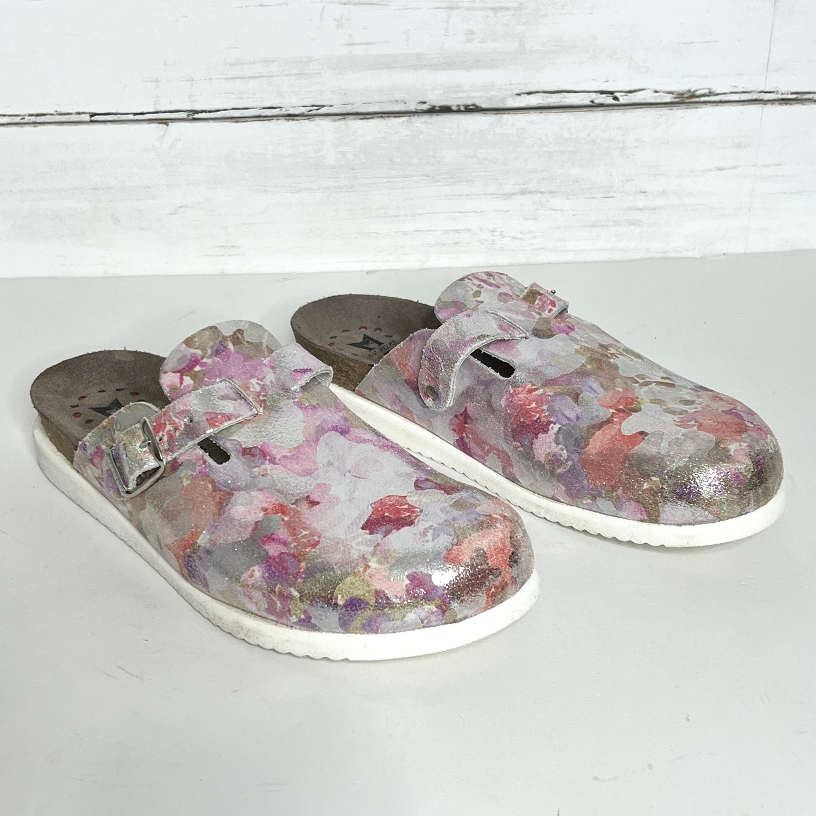 Mephisto Halina Pink Silver Metallic Leather Clogs Shoe Size 10