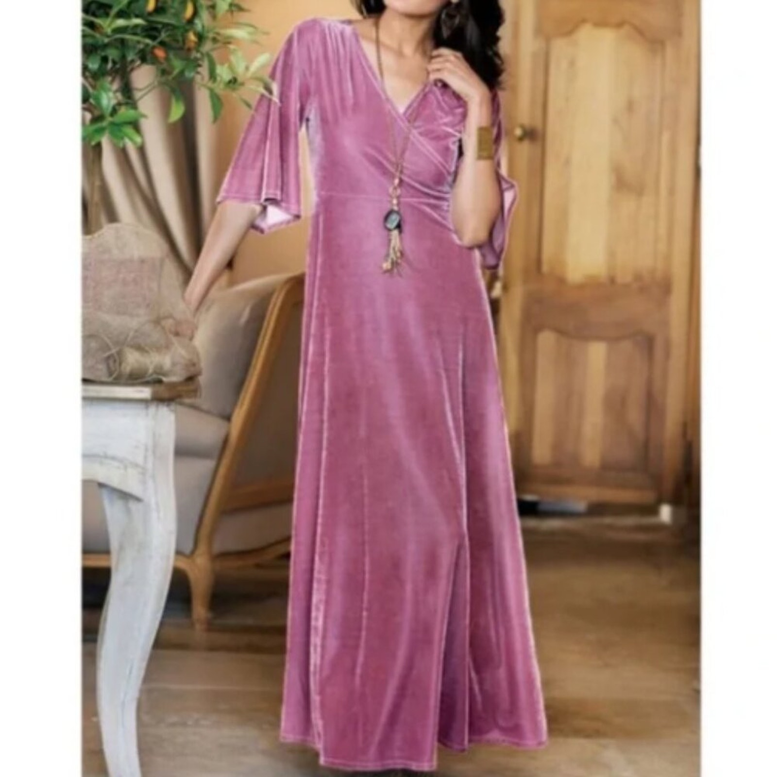 Soft Surroundings Velvet Mauve Pink Surplice Faux Wrap Maxi Dress