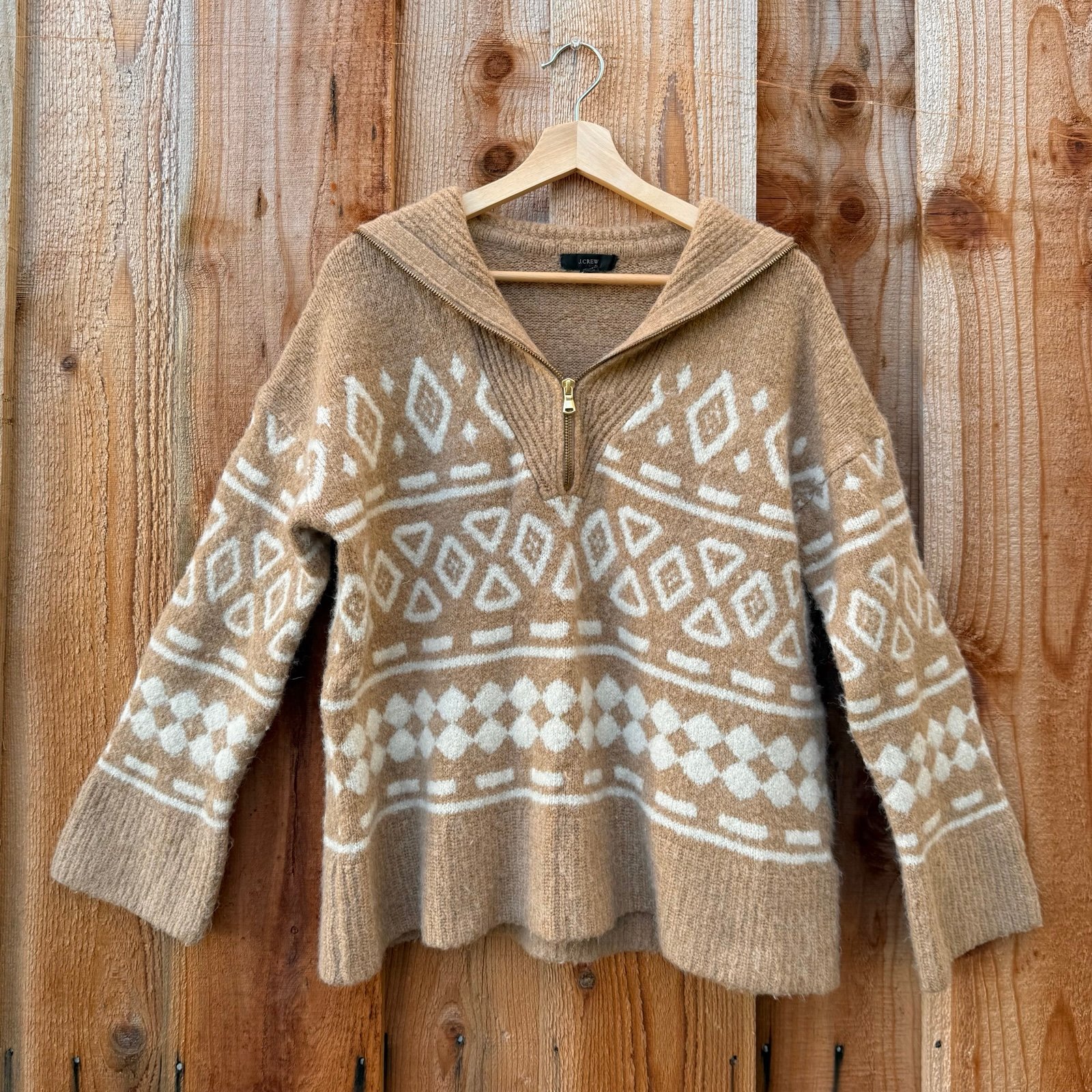 J Crew Tan Knit Wool Half-Zip Fold-Over Collar Winter Sweater