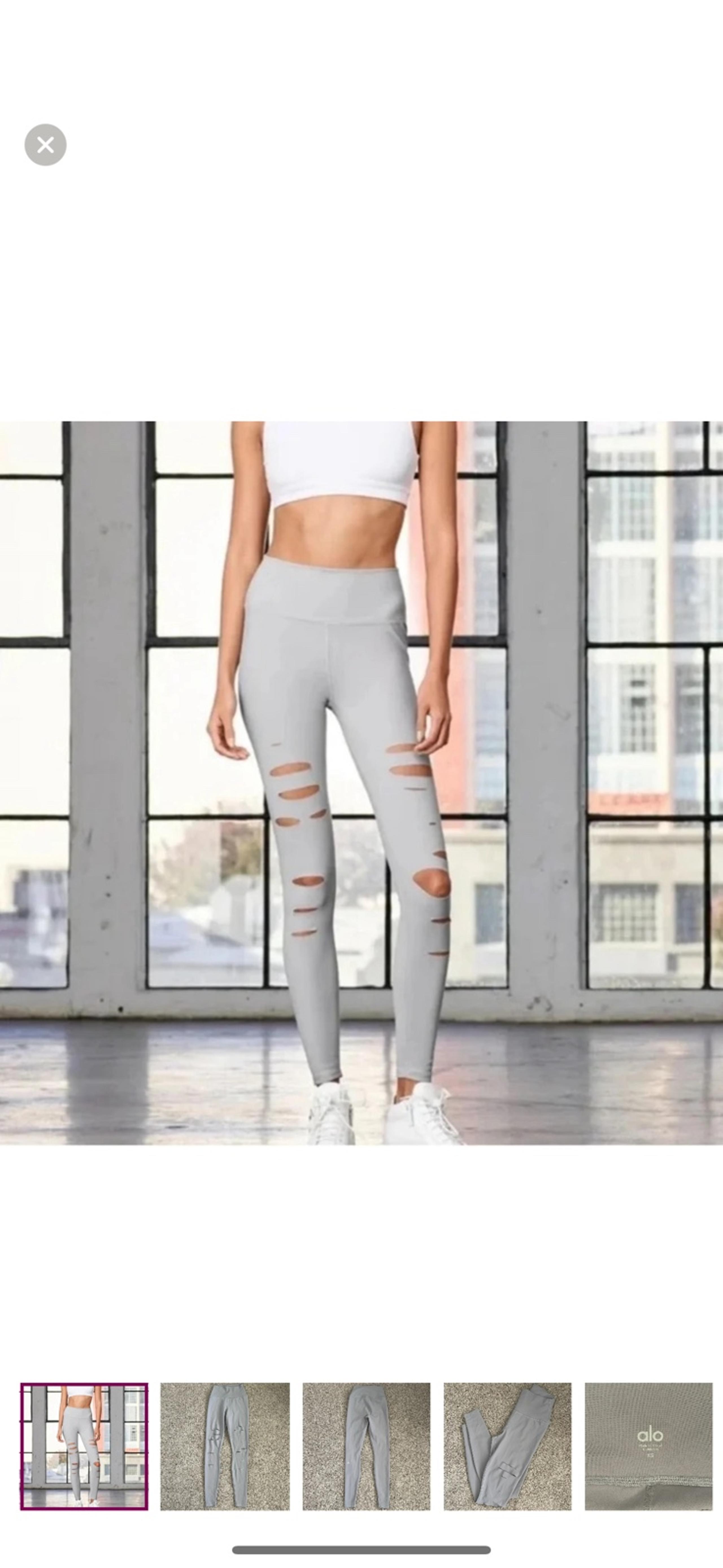 ALO Yoga Ripped Warrior High Waisted Slit Leggings Activewear Light Gray S