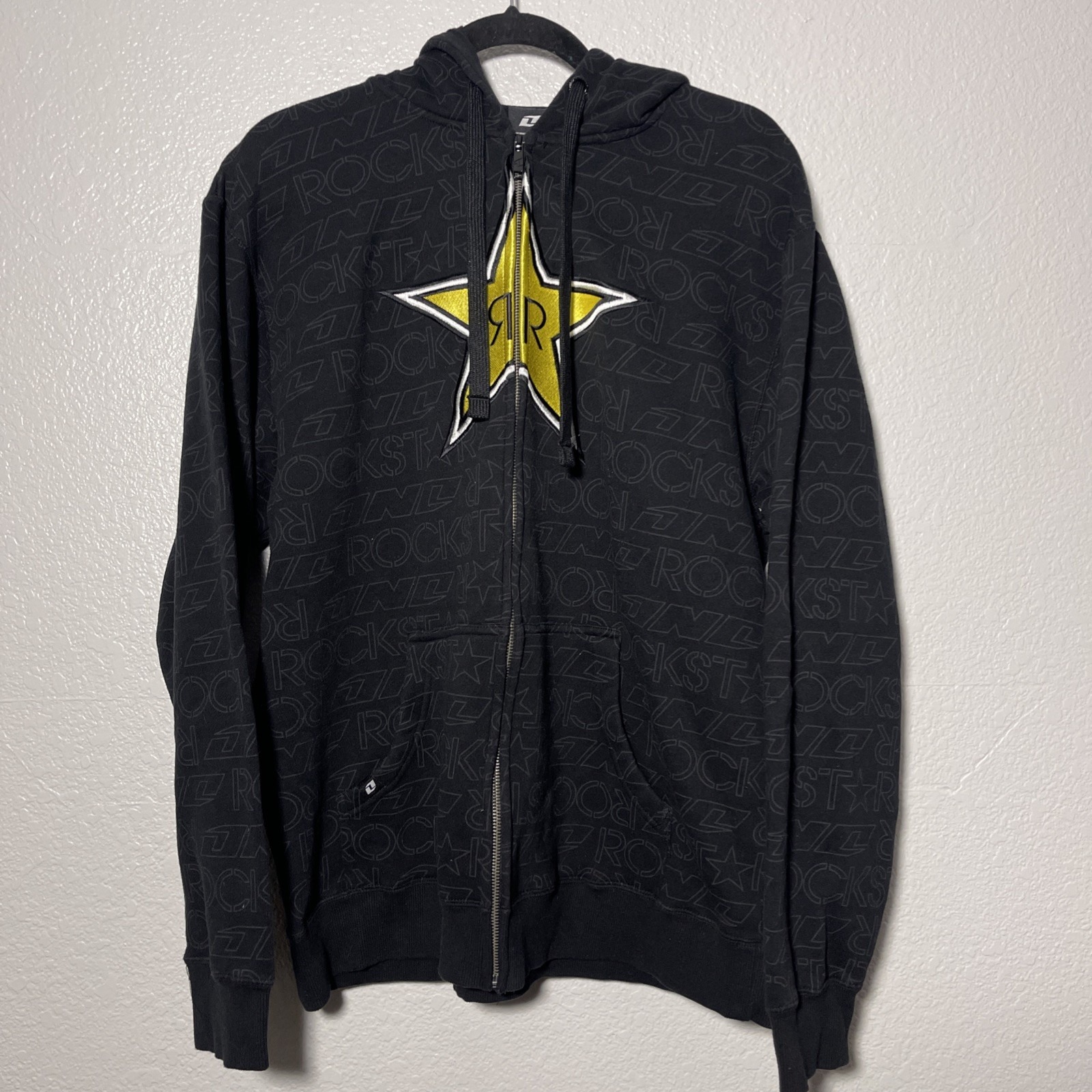 Rockstar Energy AOP Zip Up Hoodie Y2K Black Large Grunge Skater One Industries