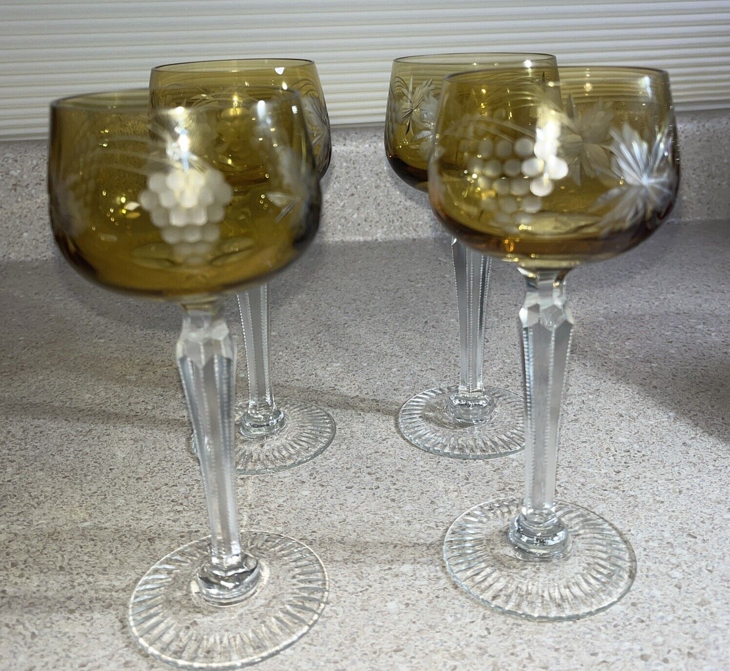 G782~ 4 Czech Bohemian Cut To Clear Crystal Amber Hock Wine Glasses